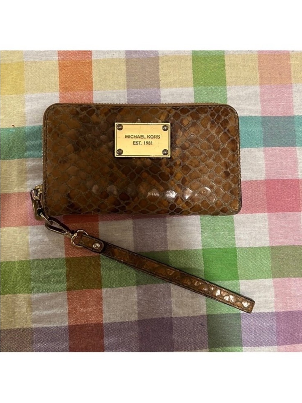 Michael Kors Brown Snake-Embossed Wristlet
